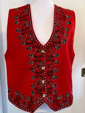 Winona Vintage Red Wool Embroidered Floral Vest Button Front Size L